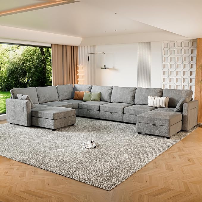 mestyl Modular Sectional Sofa Convertible Sofa Couch Set with Storage for Living Room, Modern 7 Seater Modular Sectional Couch with 2 Movable Ottoman (Grey)