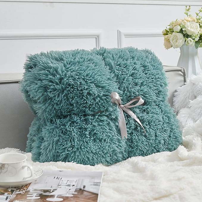 GONAAP Fuzzy Faux Fur Throw Blanket Queen Size Light Teal Super Soft Cozy Plush Fuzzy Shaggy Blanket for Couch Sofa Bed (Light Teal, Queen(90"x90"))