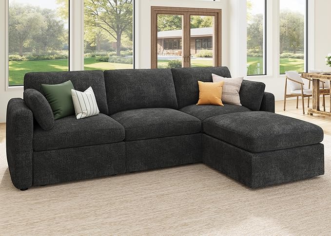 HONBAY Modular Sectional Couch with Storage Seats, L Shaped Sectional Sofa with Storage, Chenille Sectional Couches for Living Room, Grey