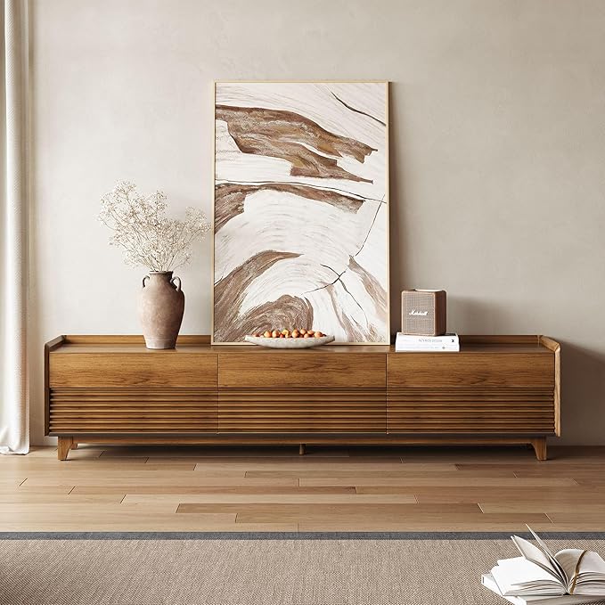 POVISON Fully-Assembled Mid Century Modern TV Stand with Legs, Wood Media Console with Adjustable LED Light for 85-inch TVs, Entertainment Center with Storage for Living Room