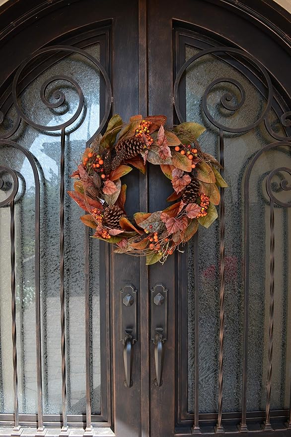 Admired By Nature 24 Inch Artificial Fall Magnolia Leaf Vine Berry Wreath Autumn Leaves For Wall Fornt Door Home Office Farmhouse Thanksgiving Harvest Cemetery Wreaths Indoor Outdoor, Orange-Pinecones