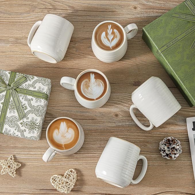 Hasense Coffee Mugs Set of 6, Ceramic Coffee Cups with Handle for Home Office, 12 Ounce Tea Cup for Coffee, Latte, Hot Cocoa, Dishwasher and Microwave Safe, Clay-Infused White