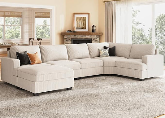 Nolany Sectional Sofa with Storage Ottoman, U Shape Sectional Couch Corduroy Modular Sectional Couches for Living Room, Beige