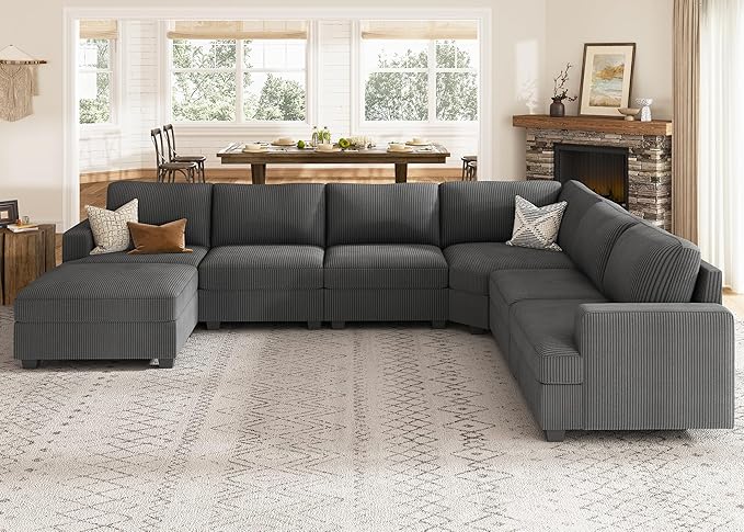 Nolany Dark Grey Corduroy U Shape Modular Sectional Couch with Storage Ottoman, 72.9"D x 128.5"W x 35"H, 6 Seater, Plush, Easy Assembly