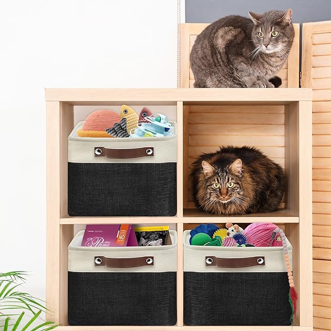 SIMPLE HOUSEWARE Large Fabric Storage Bin, 15" x 11" with Leather Like Handles, 3 Pack, Black