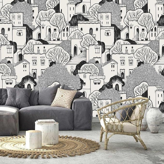 AFZEVEB-Black House with Trees Nursery Wallpaper murals for Bedroom 114"x74" (Not Peel and Stick)