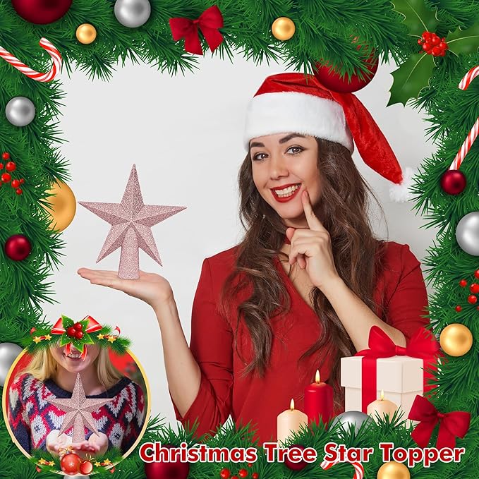Tree Topper Star, 6" Rose Gold Christmas Star Tree Topper Accessories, Xmas Glitter 3D Bethlehem Tree Topper Ornament, Waterproof Holiday Christmas Tree Topper Star Decor for Home Indoor Outdoor