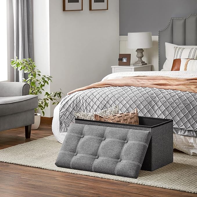 SONGMICS Mazie Collection - 30 Inches Ottoman Storage Bench, 21 Gal. Folding Chest with Breathable Linen-Look Fabric, Load up to 660 lb, for Entryway, Living Room, Bedroom, Dark Gray ULSF001G01