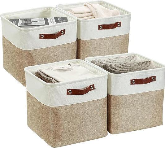DECOMOMO Storage Cubes, 12x12 Storage Bins, Baskets for Shelves (Beige & White, Cube 12" - 4 Pack)