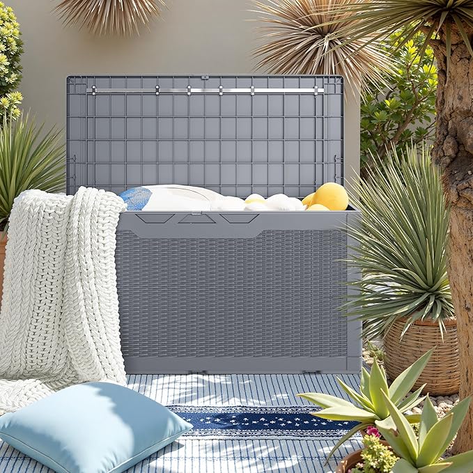 JUMMICO 100 Gallon Resin Deck Box, Waterproof Outdoor Storage Box with Lockable Lid for Garden Tools, Patio Cushions (Gray)