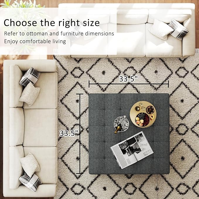 Large Square Ottoman Coffee Table, Linen Solid Upholstered Footrest Ottoman with Solid Wood Shelf Storage Tufted Coffee Table for Bedroom Living Room, Dark Gray