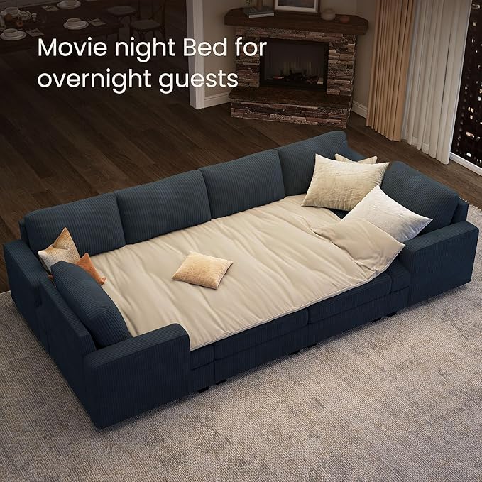 Nolany Sectional Couch with Storage Ottoman, Corduroy Sleeper Sectional Sofa with Chaise, Modular Sectional Couches for Living Room, Blue