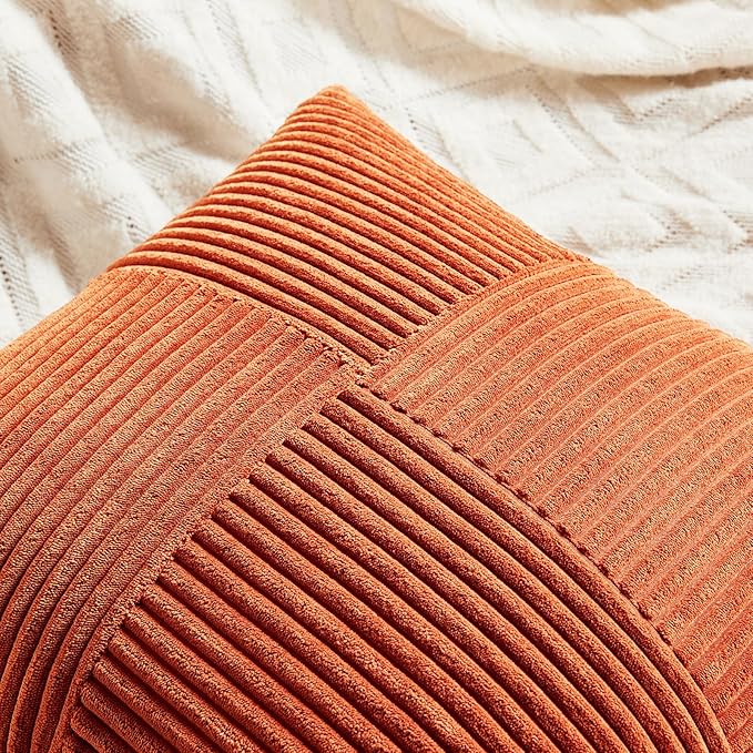 Fancy Homi Set of 2 Burnt Orange Samll Decorative Throw Pillow Covers 12x12 Inch for Living Room Couch Bed, Boho Farmhouse Fall Home Decor, Soft Corss Corduroy Patchwork Textured Cushion Case 30x30cm