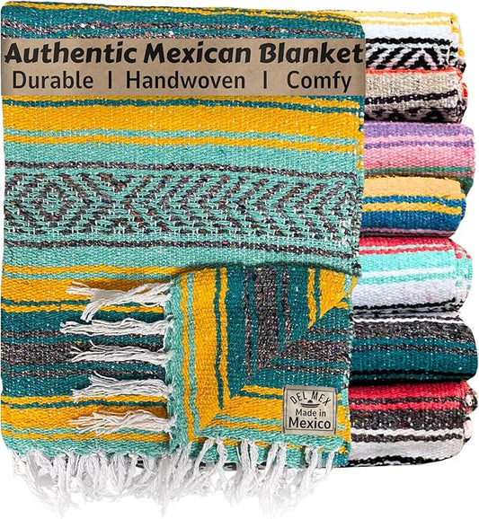 Del Mex Classic Mexican Blanket, Large Authentic Woven Falsa Throw (70"x50"), Artisan Southwest Décor for Beach, Yoga, Outdoors (Teal/Yellow)