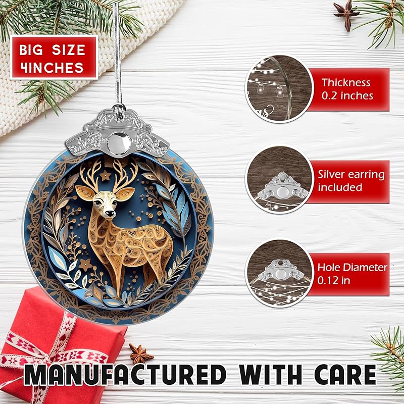 2025 Christmas Ornament, Stained Glass Effections, Christmas Tree 4 Inch Acrylic Ornament Art, White Elephant Gifts Car Interiors Decors, Christmas Decor (Quilling Deer)