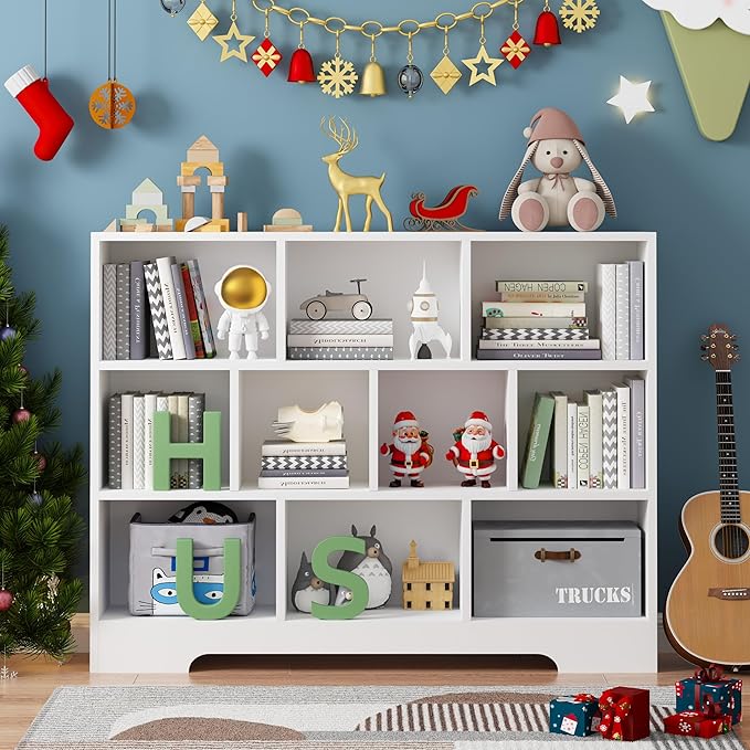 Book Shelf, 10 Cubes Storage Organizer, 3-Tier Open Shelf Wooden Bookcase, Freestanding White Bookshelf Cube Shelf for Bedroom, Living Room