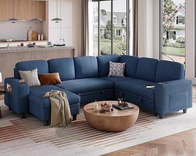 LINSY HOME Sectional Sleeper Sofa with Pull Out Couch Bed - Convertible Plush Corduroy Cloud Couch with Storage Chaise & USB Charging, Comfy Modular Couches for Living Room, Blue