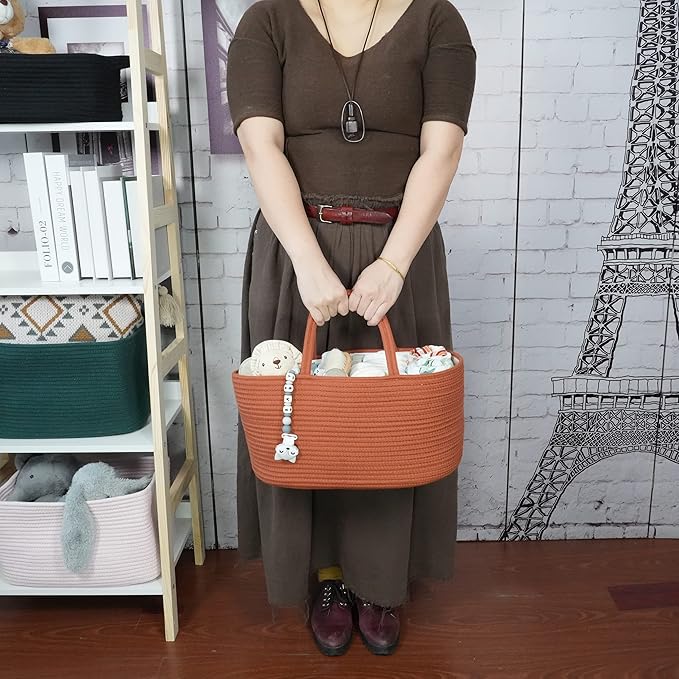 Large Baby Diaper Caddy Organizer for Girl Boy Rope Nursery Storage Bin Basket Portable Holder Tote Bag for Changing Table Car Travel Baby Shower Gifts Registry Must Haves Rustic