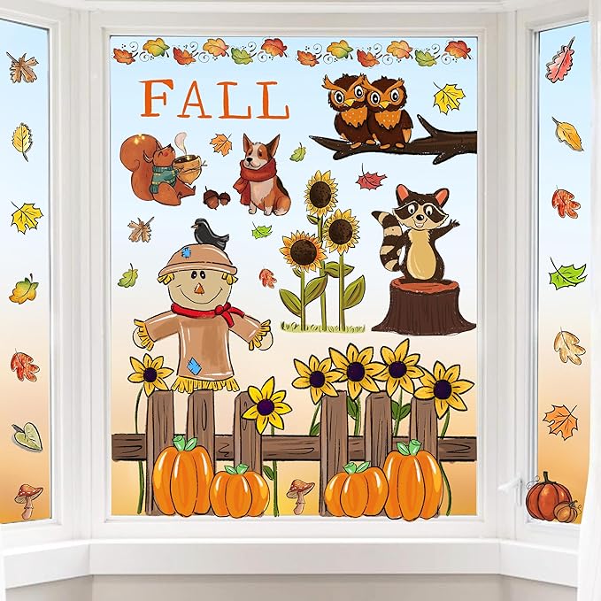6 Sheets Fall Window Clings Fall Watercolor Pumpkin Maple Leaves Scarecrow Owl Sunflower Window Stickers for Autumn Thanksgiving Harvest Home Window Decals Decor