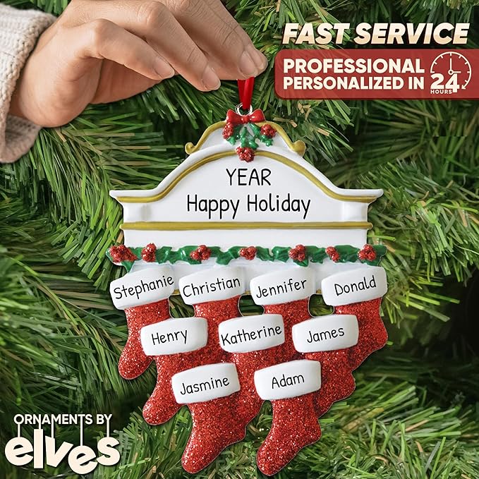 3D Fireplace Mantle Family of 9 Christmas Ornament 2025 Personalized Family Christmas Ornaments 2025 | Holiday Garland Personalized Tree Ornaments Customizable Gifts of Red Stockings of Nine Ornament