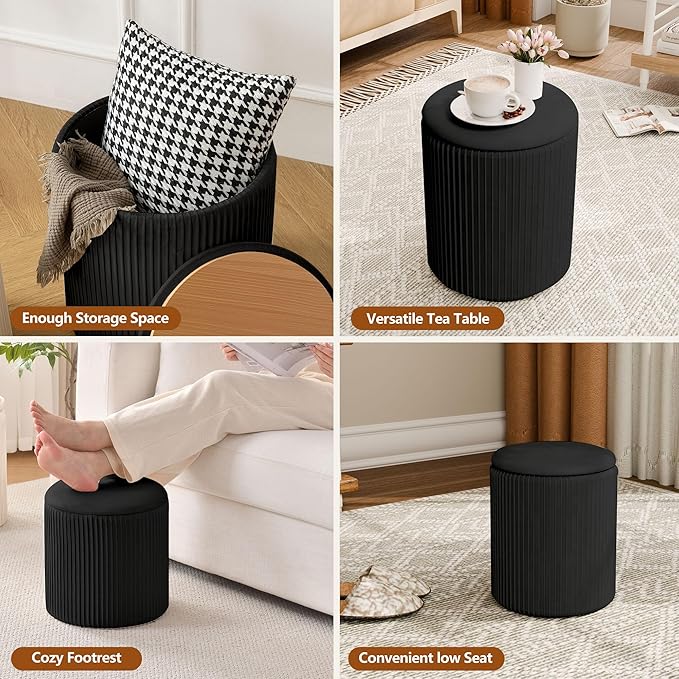 Ottoman with Storage Set of 2, Velvet Storage Ottoman, Upholstered Sponge Vanity Stool Support 300lbs, Multifunctional Coffee Table Foot Rest Ottomans for Living Room Bedroom, White