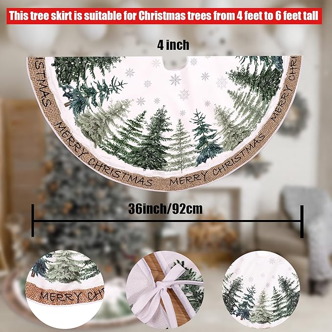 Baccessor Christmas Tree Skirt 36 Inch Pine Trees Snowy Forest Christmas Tree Skirt Collar for Farmhouse Vintage Rustic Merry Christmas Xmas Winter Holiday Party Decoration