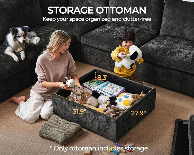 Oversized Modular Sofa Comfy Cloud Couch with Storage, Extra Deep Plush Sectional Sofa Set for Living Room, Covers Washable, Chenille, Olar (Black, 6-Seater with 3 Ottomans, Sleeper)