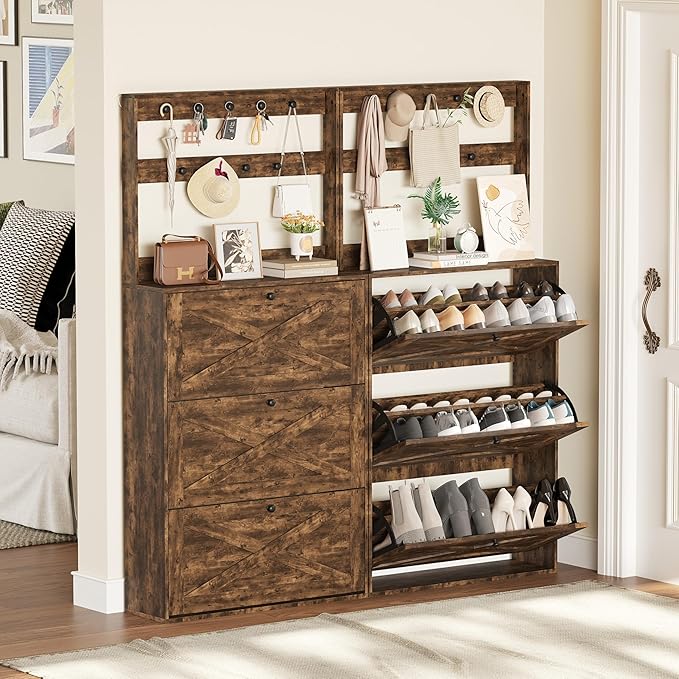 Shoe Cabinet Set 2 with 3 Flip Drawers, Narrow Shoe Cabinet with 9 Hooks Coat Rack, Freestanding Shoes Storage Cabinets with Adjustable Shelves for Entryway, Hallway, Living Room, Rustic Brown