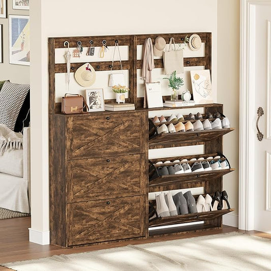 Shoe Cabinet Set 2 with 3 Flip Drawers, Narrow Shoe Cabinet with 9 Hooks Coat Rack, Freestanding Shoes Storage Cabinets with Adjustable Shelves for Entryway, Hallway, Living Room, Rustic Brown