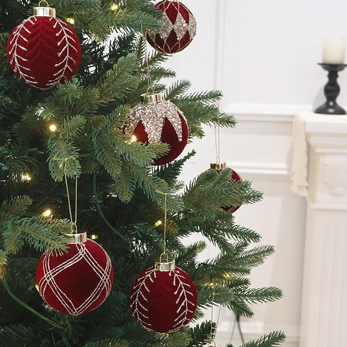 3.15INCH Burgundy Velvet Ornaments for Christmas Tree, 12PCS Glitter Flocked Christmas Ornaments Decorations Balls Set Decor