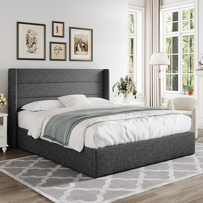 Allewie Queen Size Lift Up Storage Bed, Modern Wingback Headboard, Hydraulic Support, No Box Spring Needed, Dark Grey