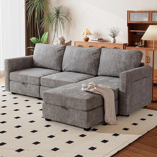 mestyl Modular Sectional Sofa Convertible L Shaped Sofa Couch Set with Storage for Living Room, Modern 3 Seater Modular Sectional Couch with Movable Ottoman (Grey)