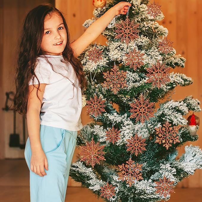 36pcs Snowflakes-Christmas Tree Decorations, Snowflake Ornaments for Tree, Plastic Glitter Red Gold Snow Flakes Ornaments, Christmas Indoor Winter Wonderland Frozen Birthday Party Holiday Home Decor