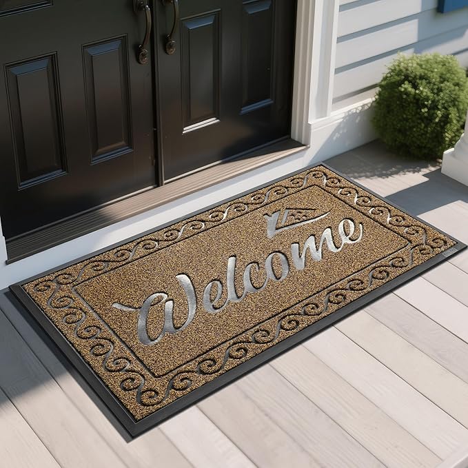 Yimobra Welcome Mat, Heavy Duty Sturdy Door Mats for Home Entrance Outdoor Indoor, Front Doormat for Outside Patio Floor Entry Porch Garage Office, Waterproof, Low Profile, 47 x 24, Beige Brown