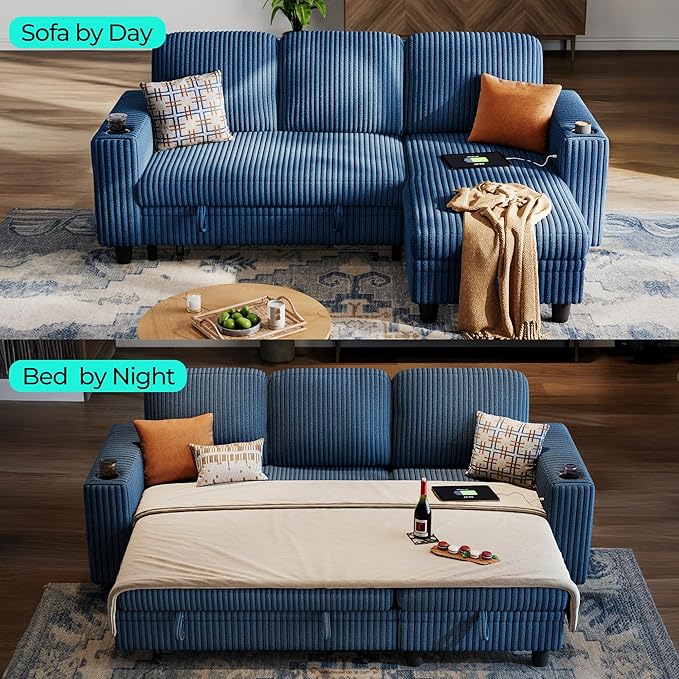 LINSY HOME Sectional Sleeper Sofa with Pull Out Couch Bed - Convertible Plush Corduroy Cloud Couch with Storage Chaise & USB Charging, Comfy L Shaped Modular Couches for Living Room Apartment, Blue