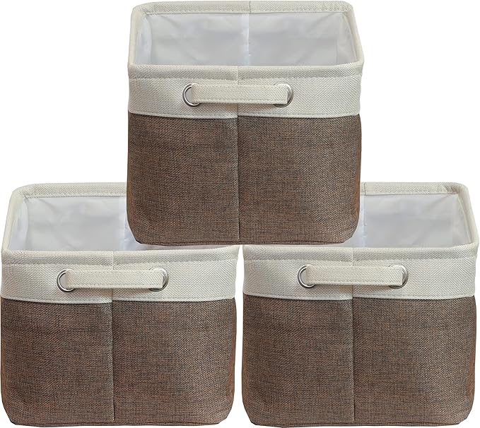 SIMPLE HOUSEWARE Large Fabric Storage Bin, 14.4" x 10" with Handles, 3-Pack, Foldable Organizer for Closet and Shelf, Brown