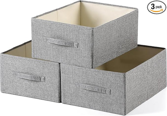 Linen Folding Storage Bins, 3 Pack Large Storage Baskets, Washable, Clothing Storage Bins with Handle, Closet Organizer for Storage Sweater,Sheets(dark grey, 18½"x13½"x8½")