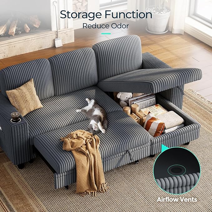 LINSY HOME Sectional Sleeper Sofa with Pull Out Couch Bed Convertible Plush Corduroy Cloud Couch with Storage Chaise & USB Charging, Comfy L Shaped Modular Couches for Living Room Apartment (Grey)