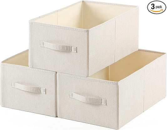 Linen Folding Storage Bins, 3 Pack Large Storage Baskets, Washable, Clothing Storage Bins with Handle, Closet Organizer for Storage Sweater,Sheets(Beige, 18½"x11" x8½")