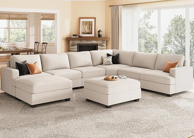 Nolany Sectional Couch with Storage Ottoman, U Shape Sectional Sofa with Chaise, Corduroy Modular Sectional Couches for Living Room, Beige