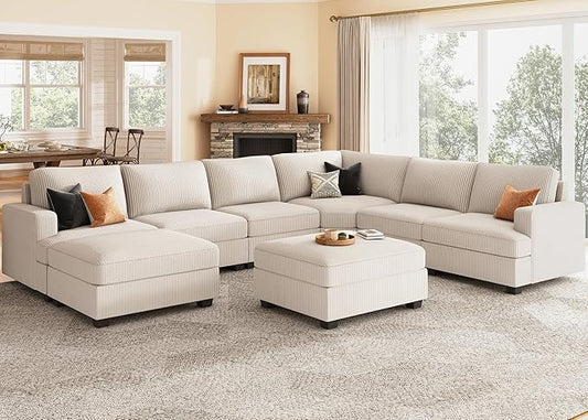 Nolany Sectional Couch with Storage Ottoman, U Shape Sectional Sofa with Chaise, Corduroy Modular Sectional Couches for Living Room, Beige