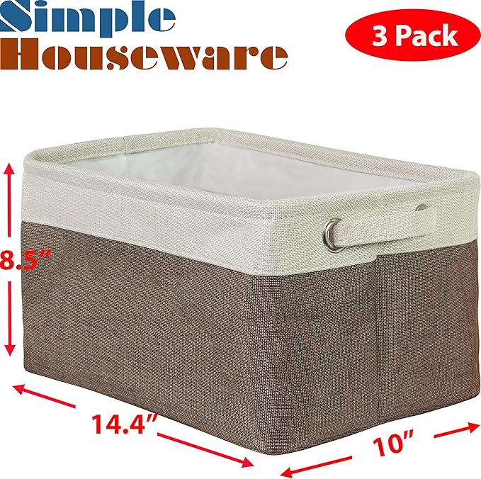 SIMPLE HOUSEWARE Large Fabric Storage Bin, 14.4" x 10" with Handles, 3-Pack, Foldable Organizer for Closet and Shelf, Brown