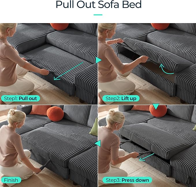 LINSY HOME Sectional Sleeper Sofa with Pull Out Couch Bed - Convertible Plush Corduroy Cloud Couch with Storage Chaise & USB Charging, Comfy U Shaped Modular Couches for Living Room, Grey