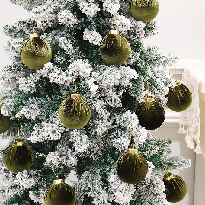 3.15inch Green Velvet Ornaments for Christmas Tree, 15pcs Flocked Christmas Ornaments Decorations Balls Set Decor