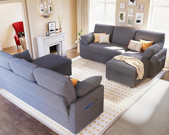 VanAcc Sofa Bed, Sleeper Sofa with Storage Chaise- 2 in 1 Pull Out Couch Living Room, Comfy Sleeper Couch, Grey Boucle