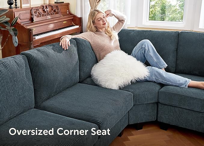 Nolany Sectional Sofa with Storage Ottoman, U Shape Sectional Couch with Chaise, Corduroy Modular Sectional Couches for Living Room, Blue