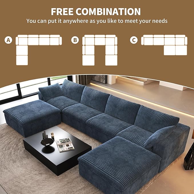 157.5" U Shaped Modern Sofa Modular Sectional Cloud Couch with 2 Ottoman,Deep Seat Upholstered Couches with Corduroy Fabric for Living Room Furniture,Bedroom and Apartment,No Assembly Required,Blue