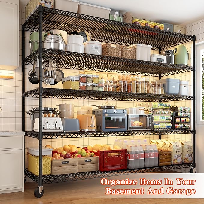REIBII 73" H Storage Shelves Wire Shelving with Wheels 3200 lbs Heavy Duty Steel Metal Shelving Unit Shelf Rack for Warehouses,Garage, Kitchen, School,Commercial,73" H X 60”W X 18" D