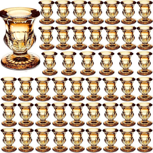 Foaincore 48 Pcs Glass Candlestick Holders Bulk 2.5 Inch Taper Candle Holders Small Ritual Candle Stand Table Centerpieces for Wedding Christmas Valentine's Festival Party Dining Decorations(Gold)