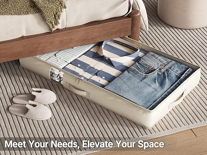 Under Bed Storage Containers with Window, Closet Organizers and Storage Bags, Foldable Underbed Storage Bags for Blankets, Clothing, Comforter, Linen Sheets, Wrapping Paper, 2 Pack, White Ivory